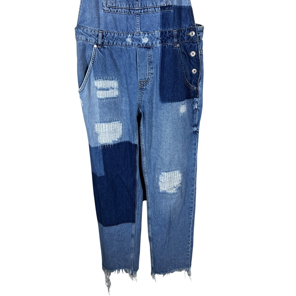 Superdry Vintage Patchwork Distressed Denim Overalls Blue Grunge Utility Size XL - Picture 3 of 6